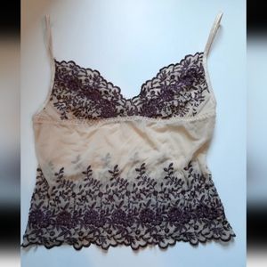 Vintage Act international medium beige purple lace see through floral cami